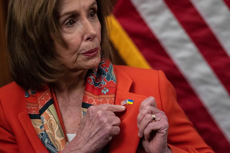 U.S. House Speaker Nancy Pelosi displaying a pin in Washington, D.C., March 2022