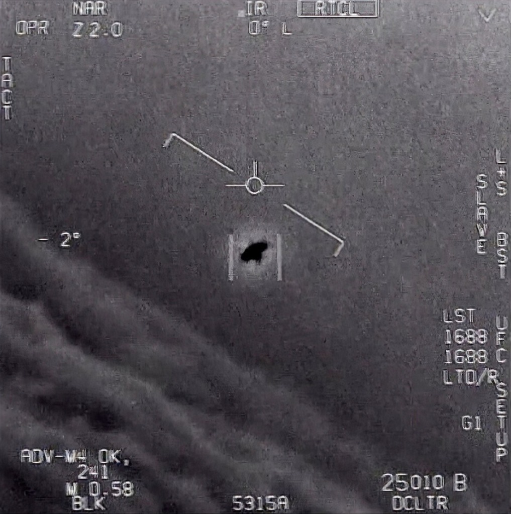 A video screenshot of an unexplained aerial object observed by U.S. military personnel.