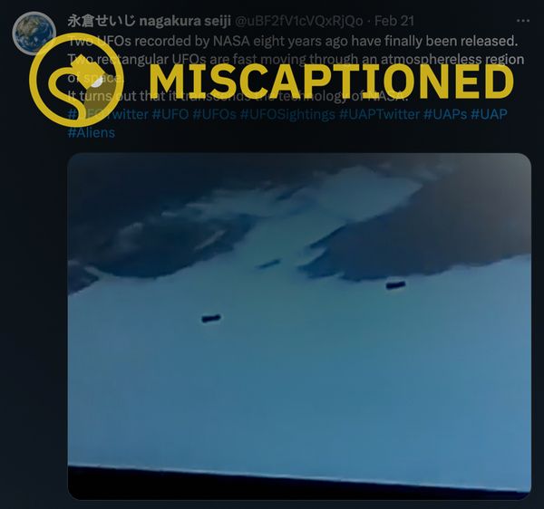 A tweet claimed to show a video recorded by NASA of aliens flying two rectangular UFOs.