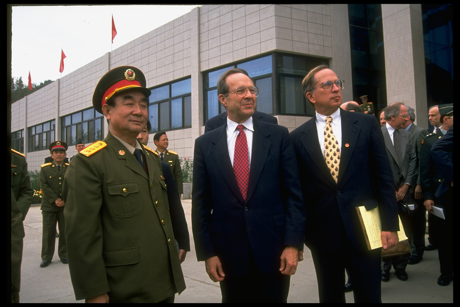 U.S. Secretary of Defense William Perry meets with Zhu Dunfa of China's People's Liberation Army in Beijing in 1994.