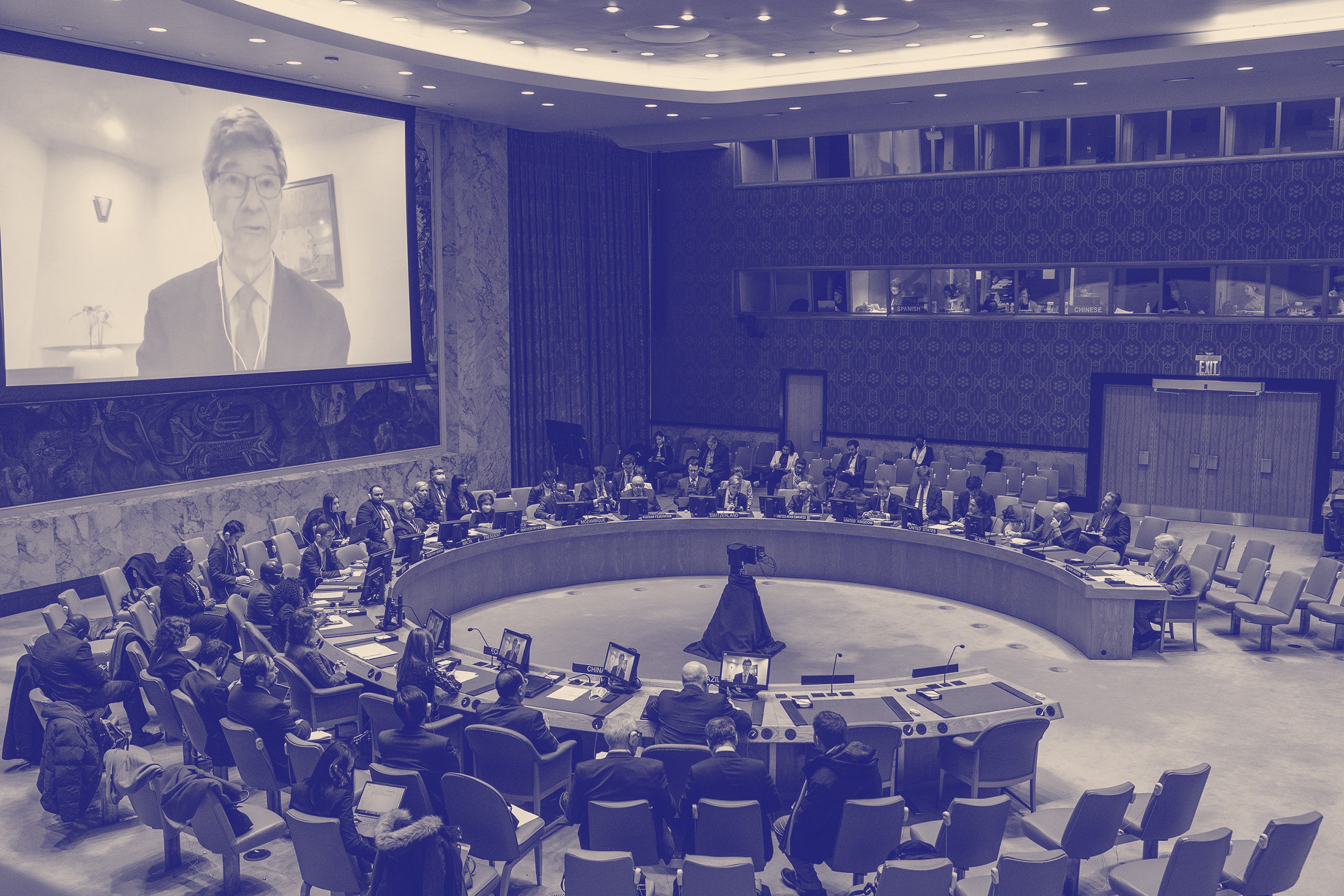 Jeffrey Sachs Professor at Columbia University speaks via video link during the Security Council on threats to...