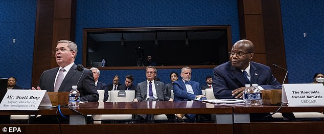 In May, the House Intelligence Committee held its first public hearing on UFOs in 54 years where panel members grilled Deputy Director of Naval Intelligence Scott Bray (left) and Undersecretary of Defense for Intelligence and Security Ronald Moultrie (right)