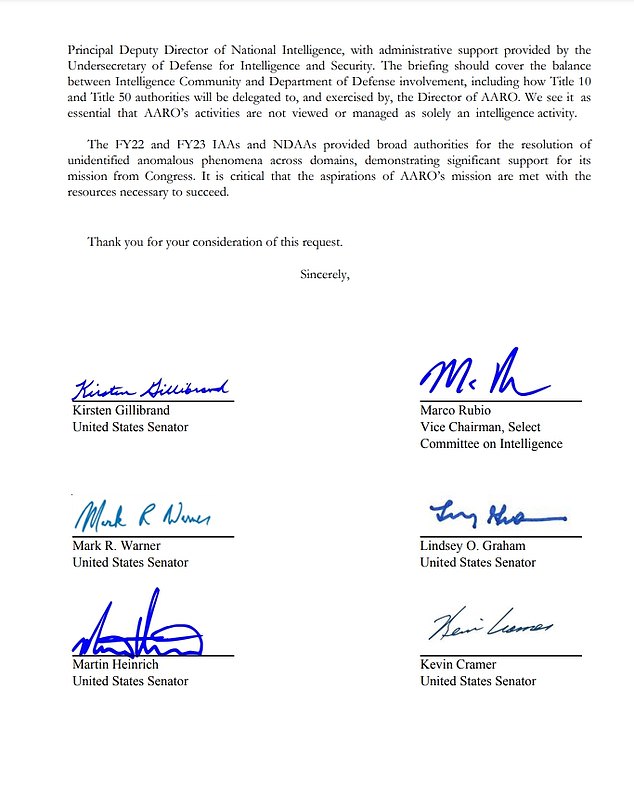 'While we recognize there was an Administration request for funds in Fiscal Year 2023 (FY23) to fund basic operating expenses for AARO, it is facing a funding shortfall that will impede its ability to fulfill its mission,' the letter said