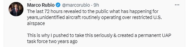 Last week Senator Marco Rubio claimed UFOs have been 'operating over restricted US airspace for years' amid a slew of sightings over the US and Canada