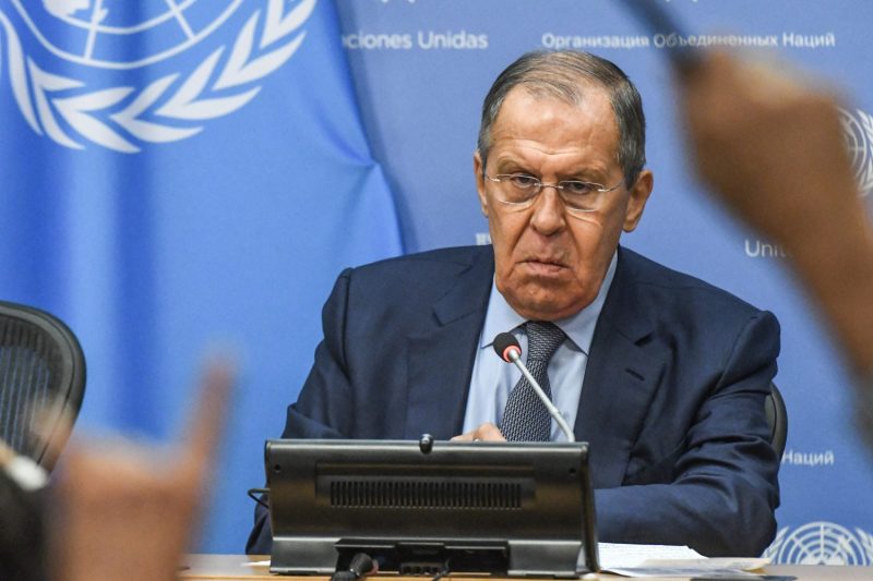 Russian Foreign Minister Sergey Lavrov holds a press conference at United Nations headquarters in New York on Sept. 24, 2022.