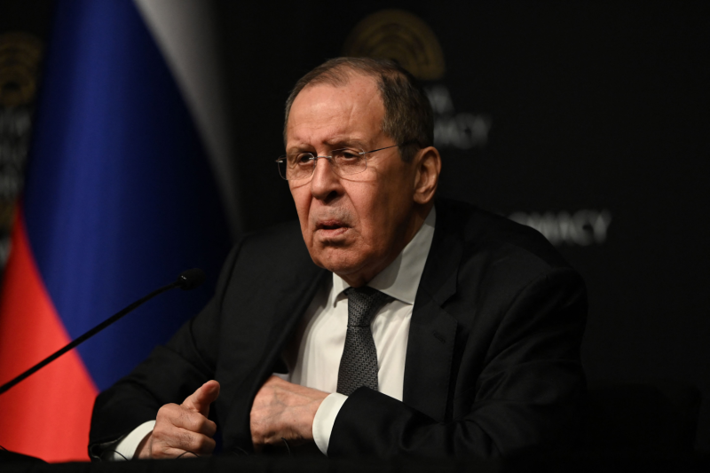 Russian Foreign Minister Sergey Lavrov gives a press conference.