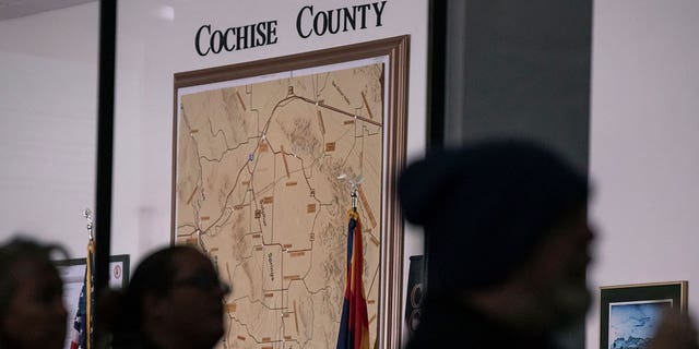 Members of the public attend a Cochise County meeting on the proposed transfer of election functions and duties to the county recorder on Feb. 14, 2023, in Bisbee, Arizona.