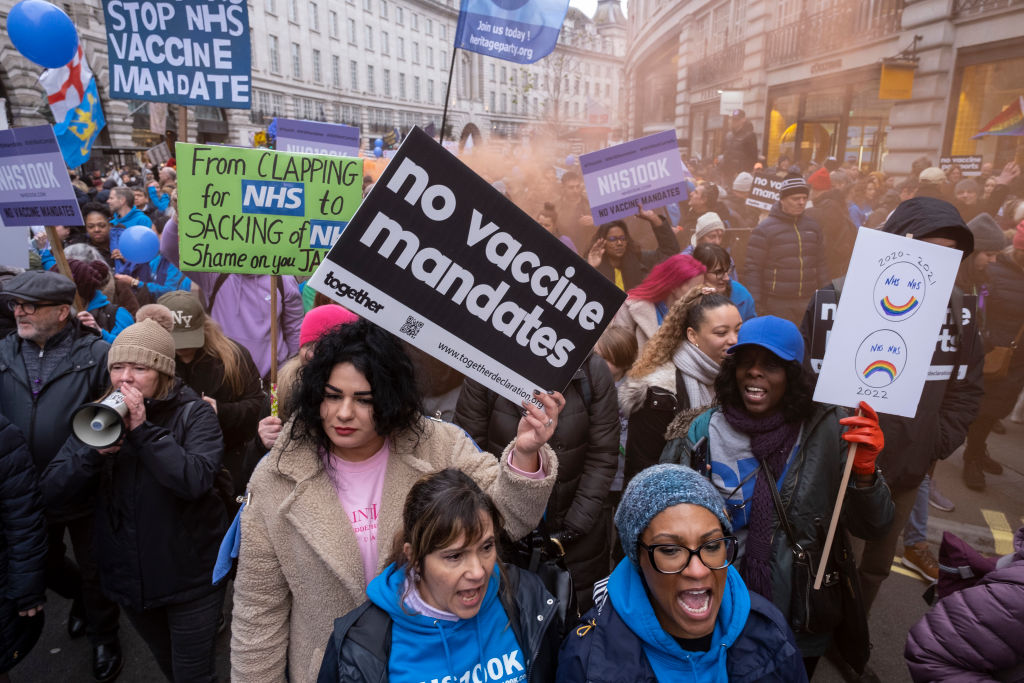 World Wide Rally For Freedom protesters gather in central London to protest against the government's plans for mandatory Covid vaccinations for all frontline NHS workers. 