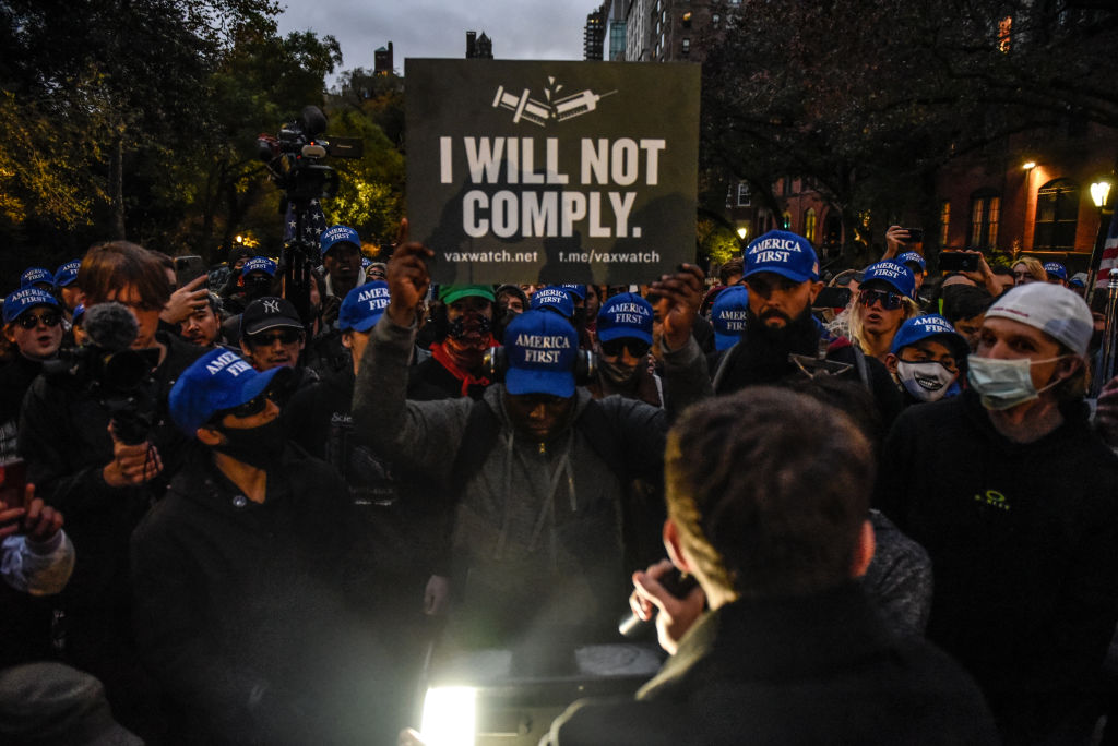 People associated with the far-right group America First attend an anti-vaccine protest in front of Gracie Mansion.