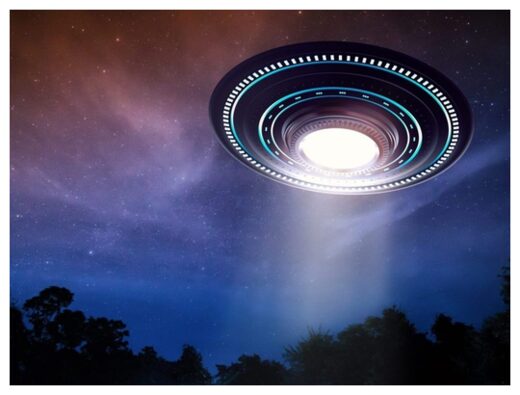 A rendering of an alien spaceship or UFO in the sky.