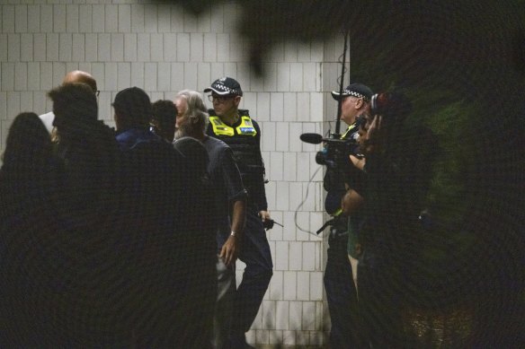 Police guard the Monash council offices ahead of Wednesday night’s meeting.