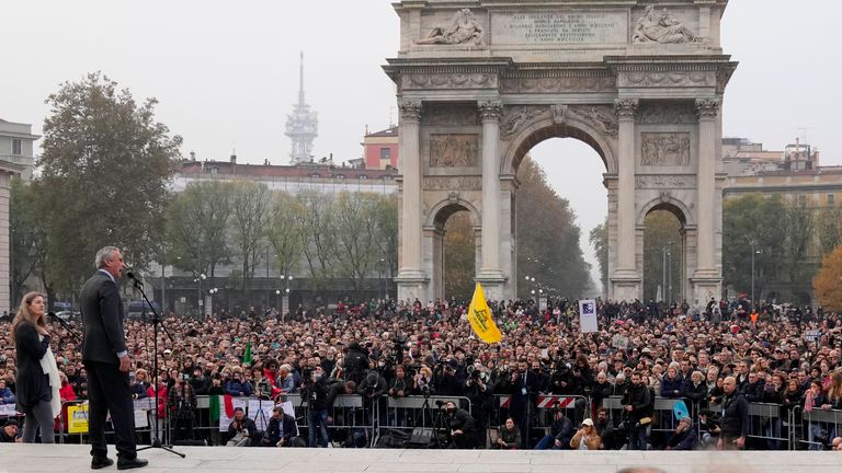 Mr Kennedy speaking at a protest against the COVID-19 vaccination green pass in Milan, Italy, on 13 November 2021. Pic: AP