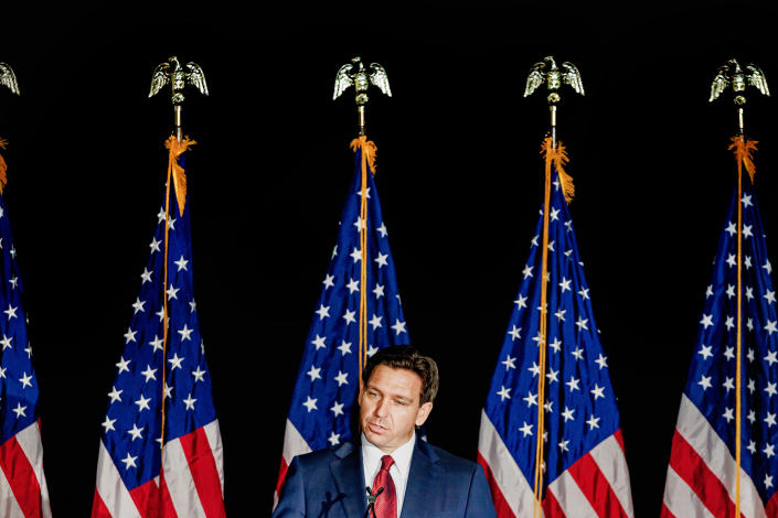 Gov. Ron DeSantis speaks during a news conference in Doral, Fla., March 1, 2023. (Scott McIntyre/The New York Times)