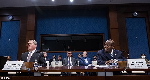 In May, the House Intelligence Committee held its first public hearing on UFOs in 54 years where panel members grilled Deputy Director of Naval Intelligence Scott Bray (left) and Undersecretary of Defense for Intelligence and Security Ronald Moultrie (right)