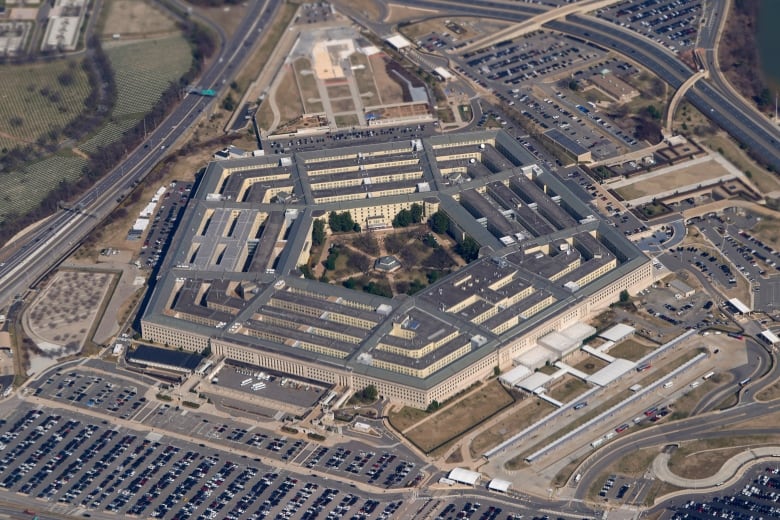 Aerial view of heavily fortified five-sided complex, the Pentagon