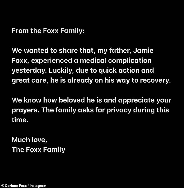 Grave: Fans were initially alerted about the health scare when his daughter Corinne shared a grave statement on social media on April 12