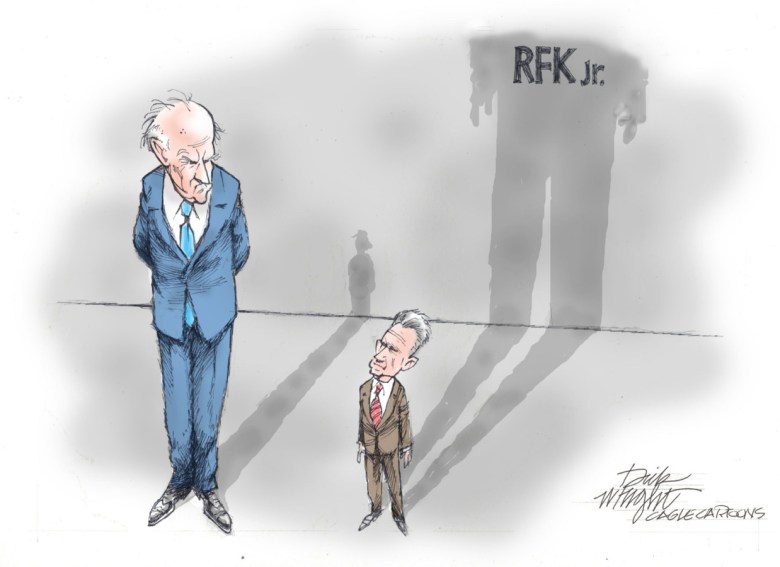 Robert F. Kennedy Jr.: President Joe Biden stands next to Robert F. Kennedy Jr., towering over him. But both men throw shadows behind them, and Biden's is tiny in comparison to Kennedy's, which is labeled "RFK Jr."