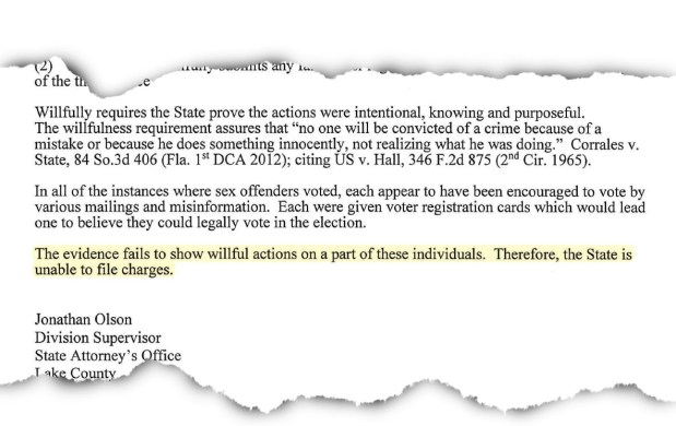 In a letter, Jonathan Olson, a supervisor in State Attorney Bill Gladson's office, wrote that the state could not prosecute six sex offenders who voted in 2020, because the evidence suggested they weren't "willful" in voting illegally.