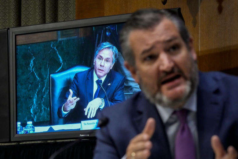 Sen. Ted Cruz questions Secretary of State Antony Blinken at a hearing.