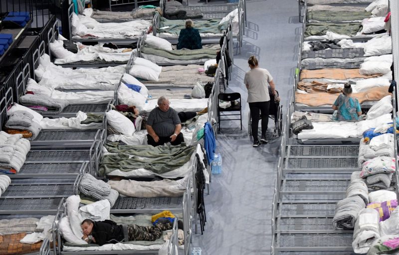 Residents evacuated from Shebekino and other Russian towns near the border with Ukraine are seen in a temporary shelter in Belgorod, Russia, on June 2.