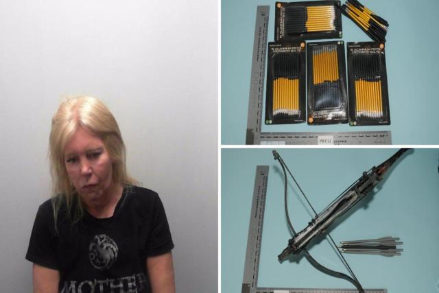 Christine Grayson (left) with a crossbow and crossbow bolts found at her house. Pic from Counter Terrorism Police