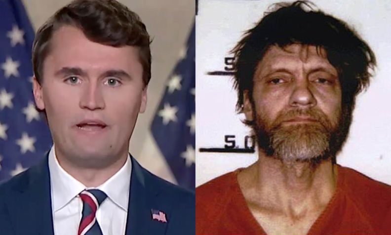 A split image of right-wing pundit Charlie Kirk and Unabomber Ted Kaczynski.