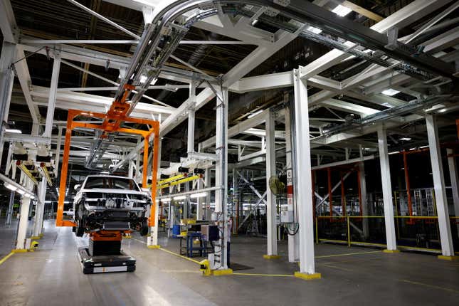 An unfinished Lordstown Motors Endurance electric pick-up truck is seen on the assembly line at Foxconn's electric vehicle production facility in Lordstown, Ohio, U.S. November 30, 2022.