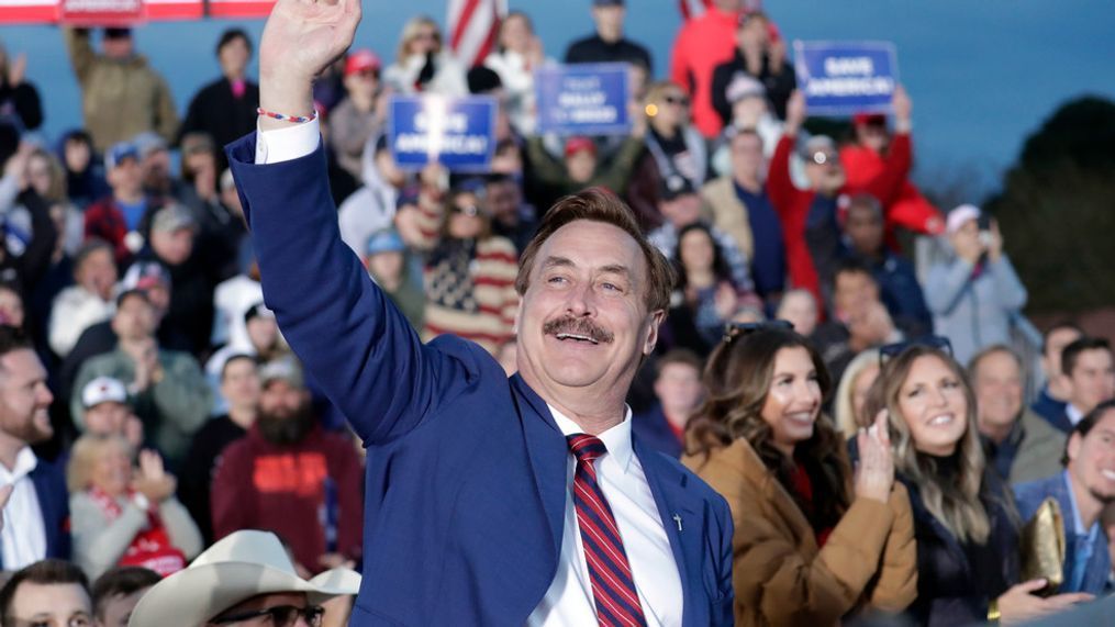 FILE - MyPillow CEO Mike Lindell waves to the crowd after he was recognized by former President Donald Trump during a rally April 9, 2022, in Selma, N.C. (AP Photo/Chris Seward, File)