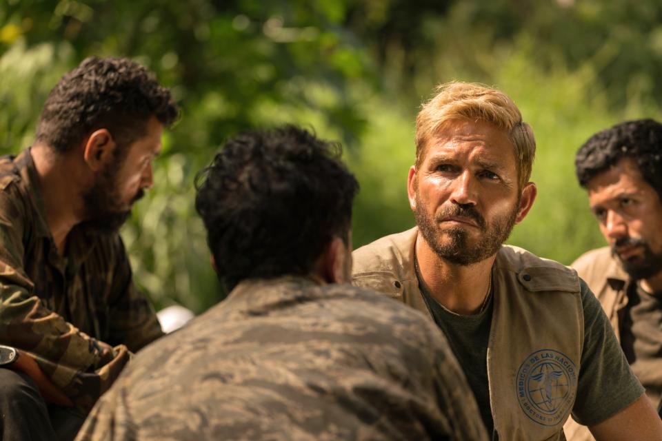 Caviezel with three other men in a scene from Sound of Freedom. 