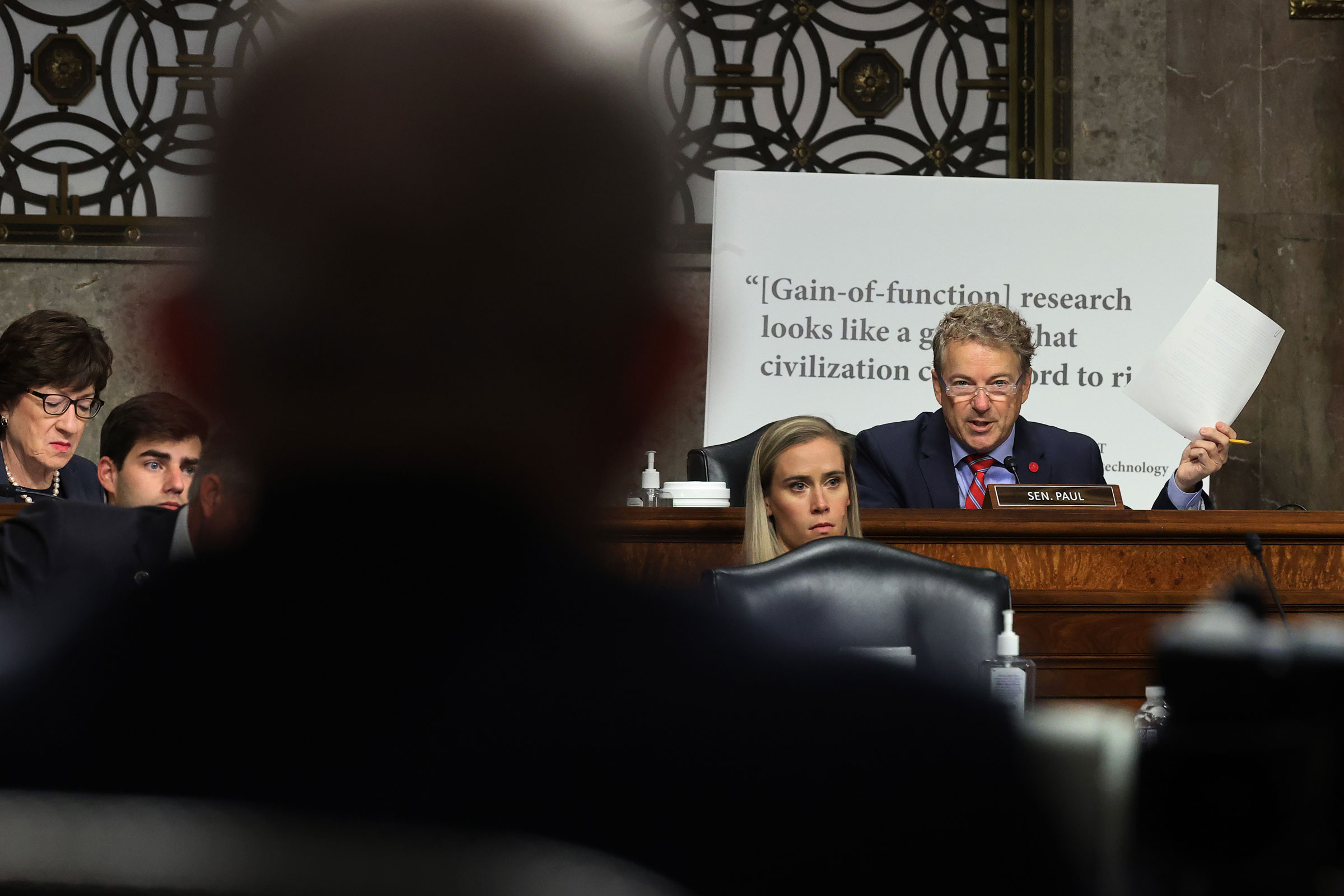 Sen. Rand Paul questions National Institute of Allergy and Infectious Diseases Director Anthony Fauci during a hearing of the Senate Health, Education, Labor, and Pensions Committee about the ongoing response to the COVID-19 pandemic in Washington, D.C., on Nov. 4, 2021. Paul called on Fauci to resign and accused him of lying about the work done in a lab in Wuhan, China. (Chip Somodevilla—Getty Images)