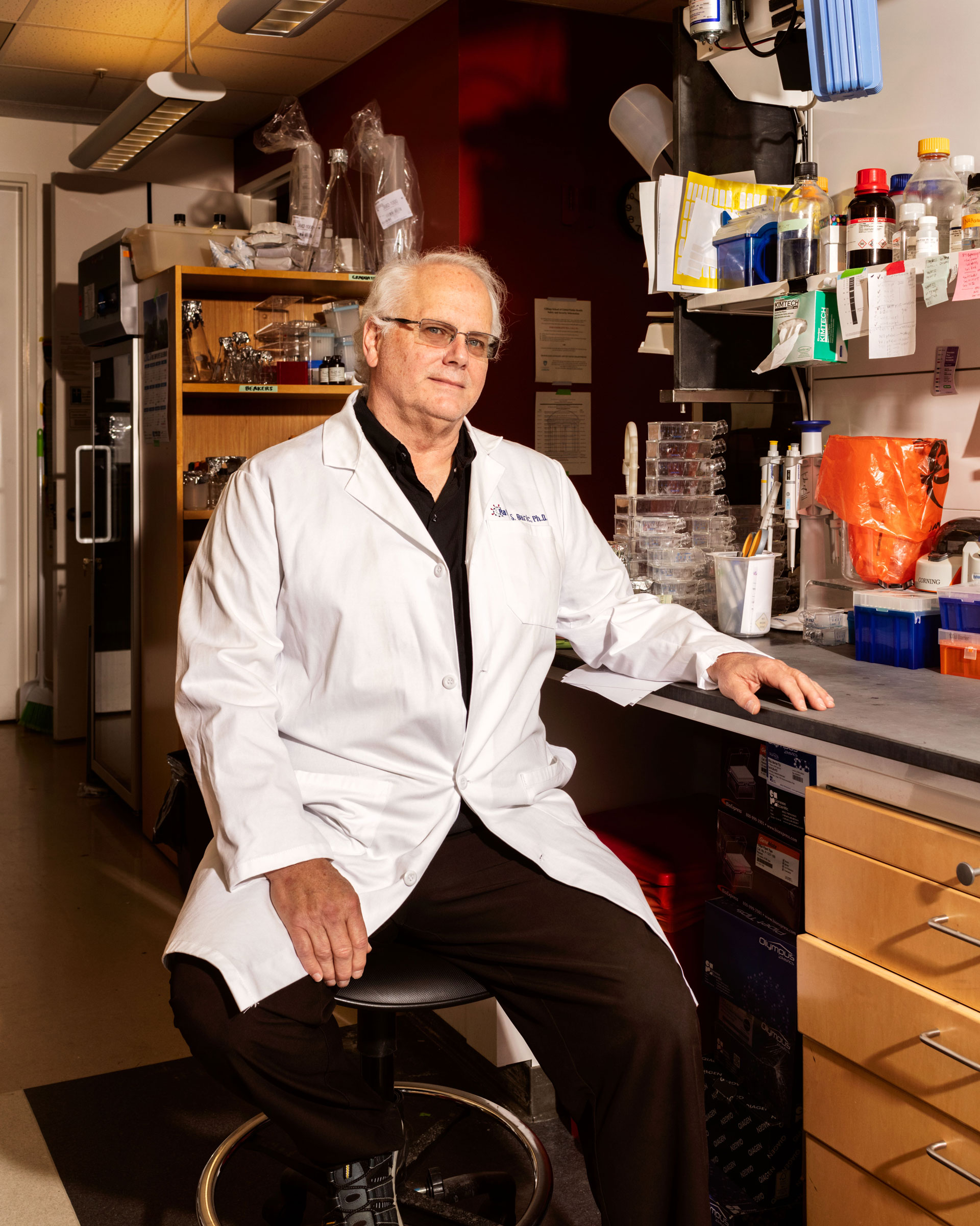 Baric surrounded by lab equipment at the University of North Carolina at Chapel Hill in April. (Jeremy M. Lange for TIME)