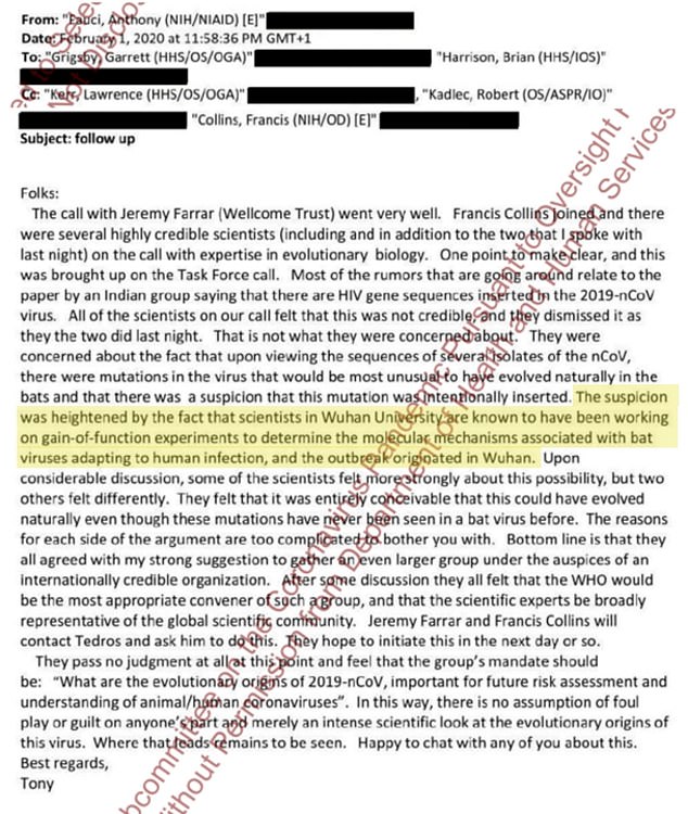 New emails dated February 1, 2020 show Fauci acknowledged that 'scientists in Wuhan University are known to have been working on gain-of-function experiments to determine that molecular mechanisms associated with bat viruses adapting to human infection, and the outbreak originated in Wuhan'