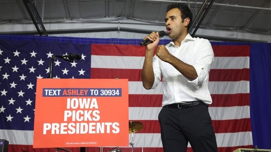 CEDAR RAPIDS, IOWA - AUGUST 06: Republican presidential candidate businessman Vivek Ramaswamy speaks to guests at Ashley's BBQ Bash hosted by Congresswoman Ashley Hinson (R-IA) on August 06, 2023 in Cedar Rapids, Iowa. Seven of the 14 GOP candidates seeking the party's nomination for president were scheduled to speak at the event. (Getty Images via AFP)