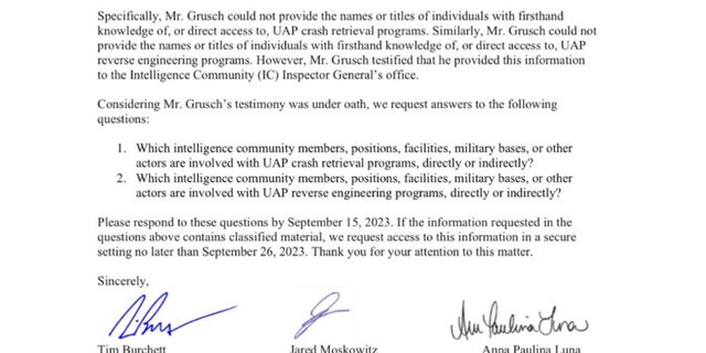 House of Representatives UFO letter to inspector general