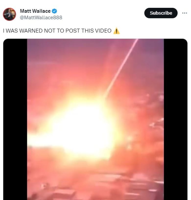 A still shot of a video in a social media post shows a large explosion. 