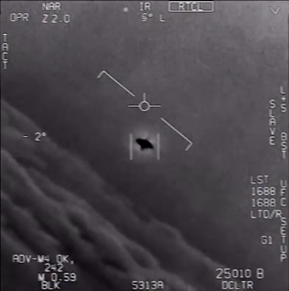 An unidentified flying object circa 2015 off the east coast USA, taken by the US Navy and released by the Department of Defense.