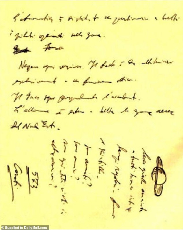 David Grusch claims one of these alien spacecraft crashed in Northern Italy in 1933 and was secreted away by Fascist dictator Benito Mussolini. Pictured is a handwritten memo claiming to describe the crash