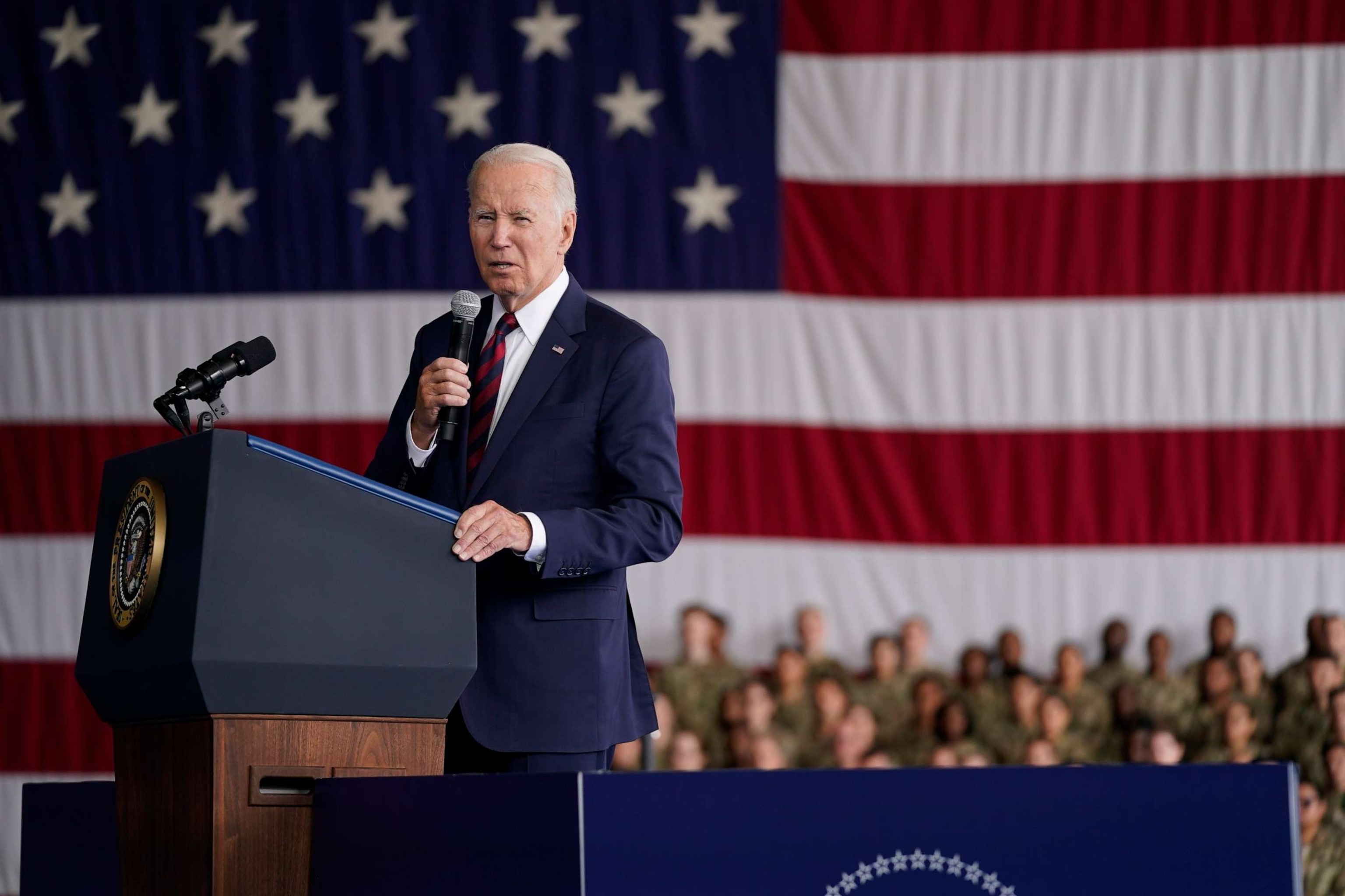 PHOTO: President Joe Biden speaks at Joint Base Elmendorf-Richardson to mark the anniversary of the Sept. 11 terrorist attacks, Sept. 11, 2023, in Anchorage, Alaska.