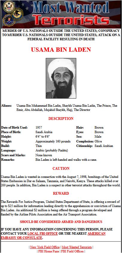 FBI's Most Wanted poster for Osama bin Laden: it does not list the crimes of September 11th