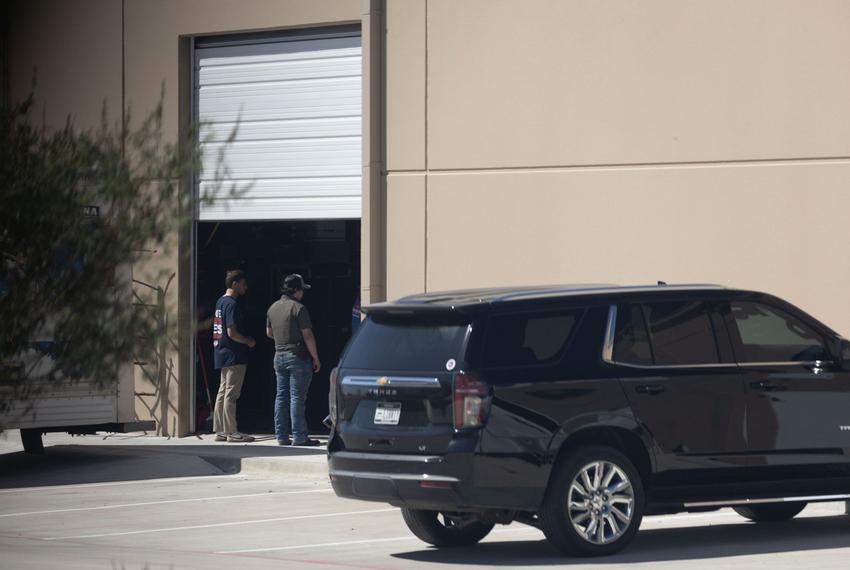 From left: Konner Earnest and Kyle Rittenhouse outside of the offices of Pale Horse Strategies in Fort Worth on Oct. 6, 2023. Earnest is an associate of Nick Fuentes; Rittenhouse, who was acquitted of homicide after fatally shooting two people at a 2020 Black Lives Matter protesters in Wisconsin, has denounced Fuentes and said he left the offices when he learned of Fuentes' presence.