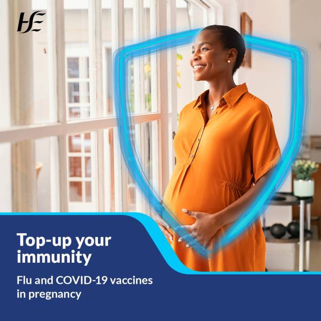 A pregnant woman smiling, there is a blue glowing shield around her. The text in the image says "Top-up your immunity, flu and COVID-19 vaccines in pregnancy".