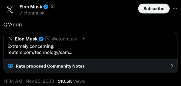 Elon Musk tweets 'Q*Anon' after OpenAI's new Q* platform teased, adds 'extremely concerning'