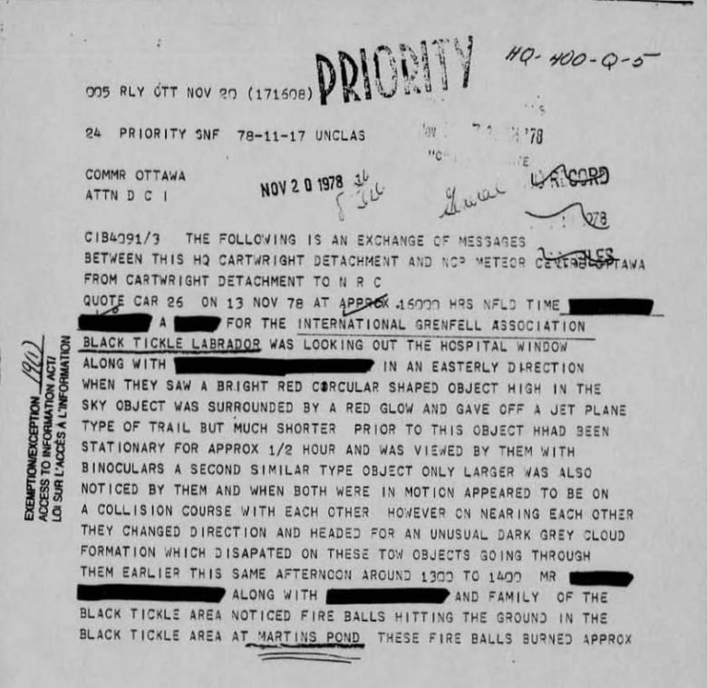 A very old document from November 20, 1978, outlines the incident of people seeing strange objects flying in the sky in a typewritten file. 