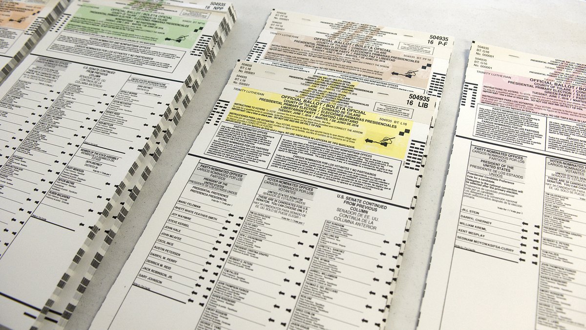 FILE - Colored coordinated Presidential Primary Election ballots are organized by political...