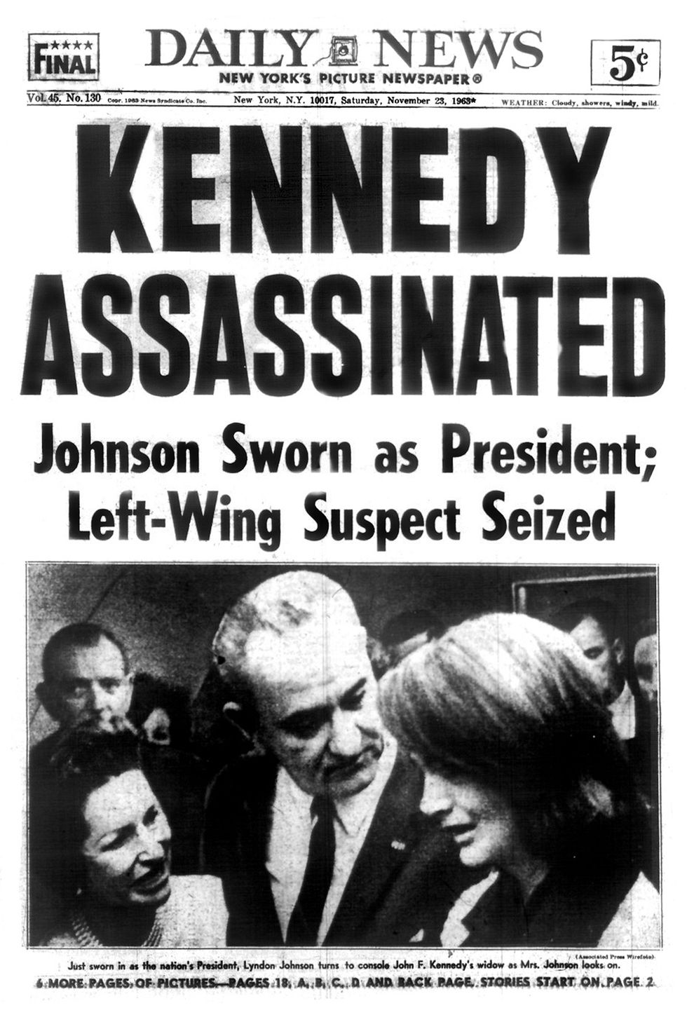 front page of the daily news dated nov 23, 1963 , headline