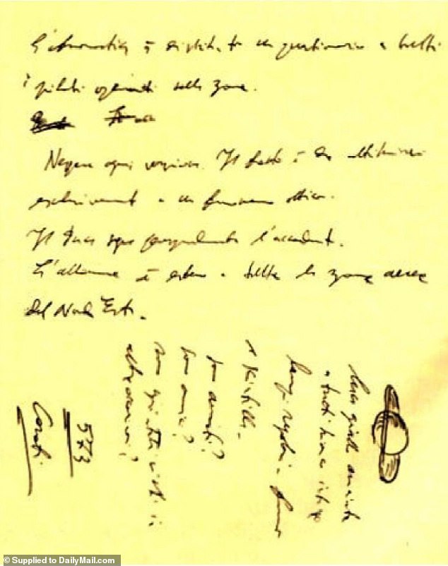 David Grusch claims one of these alien spacecraft crashed in Northern Italy in 1933 and was secreted away by Fascist dictator Benito Mussolini. Pictured is a handwritten memo claiming to describe the crash