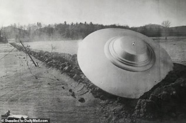 An artist's impression of the alleged 1933 UFO crash outside Magenta in northern Italy shows a craft shaped like a saucer