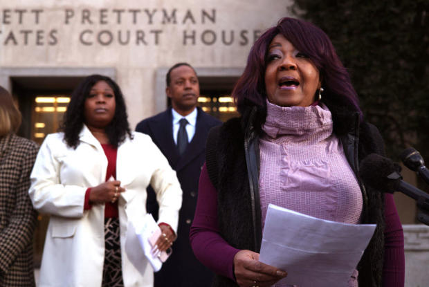 Georgia election workers Ruby Freeman and her daughter Shaye Moss speak outside of the E. Barrett Prettyman U.S. District Courthouse on Dec. 15, 2023, in Washington, D.C. 