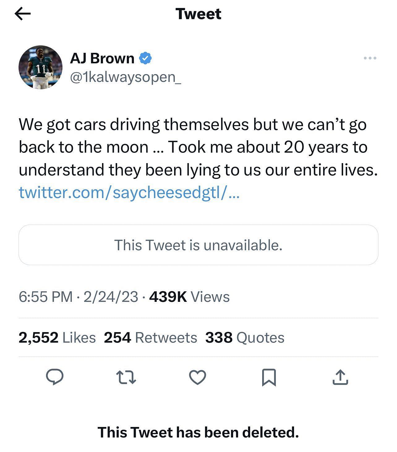 Philadelphia Eagles wide receiver AJ Brown claiming that man never landed on the moon