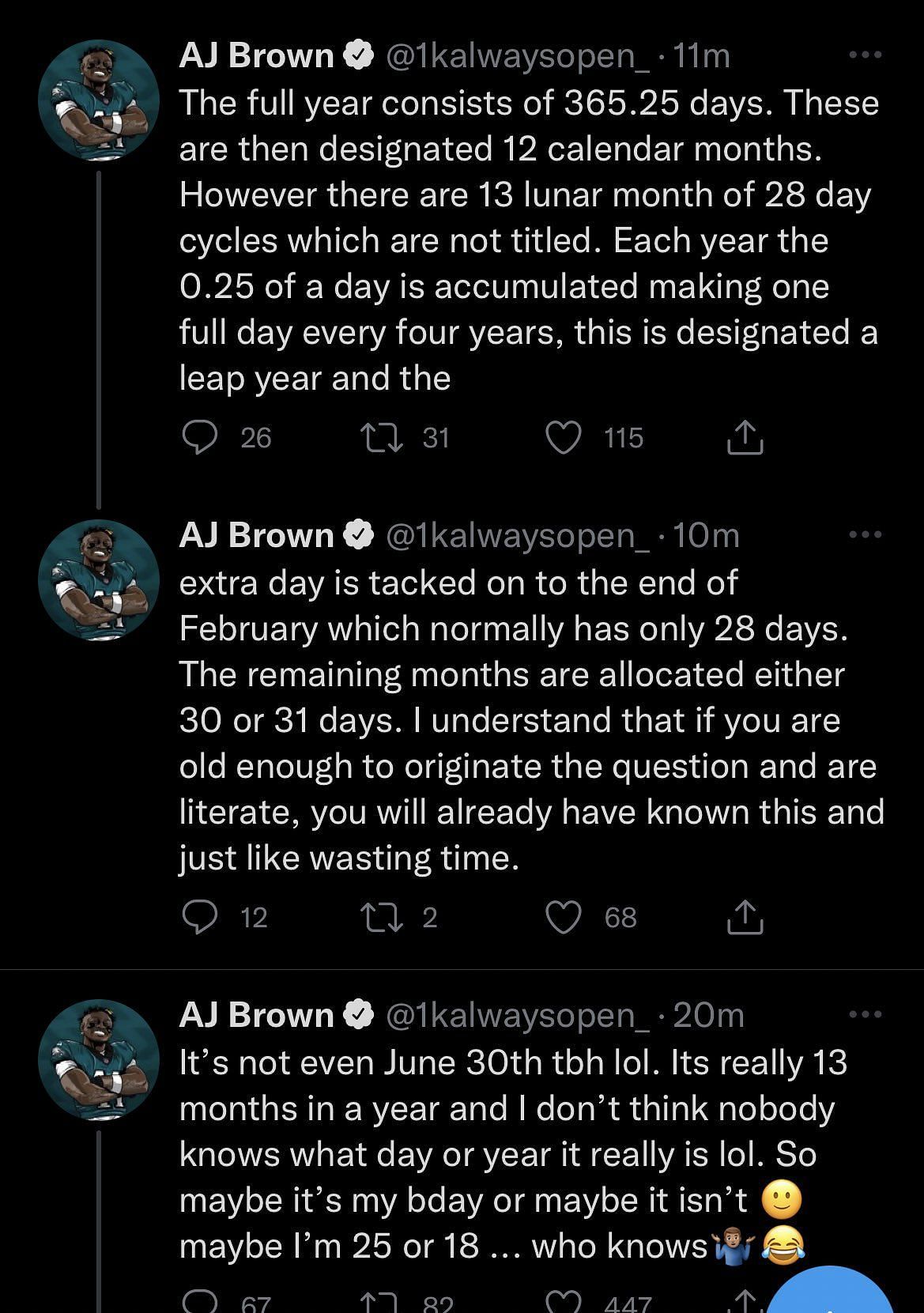 AJ Brown's beliefs on the calendar